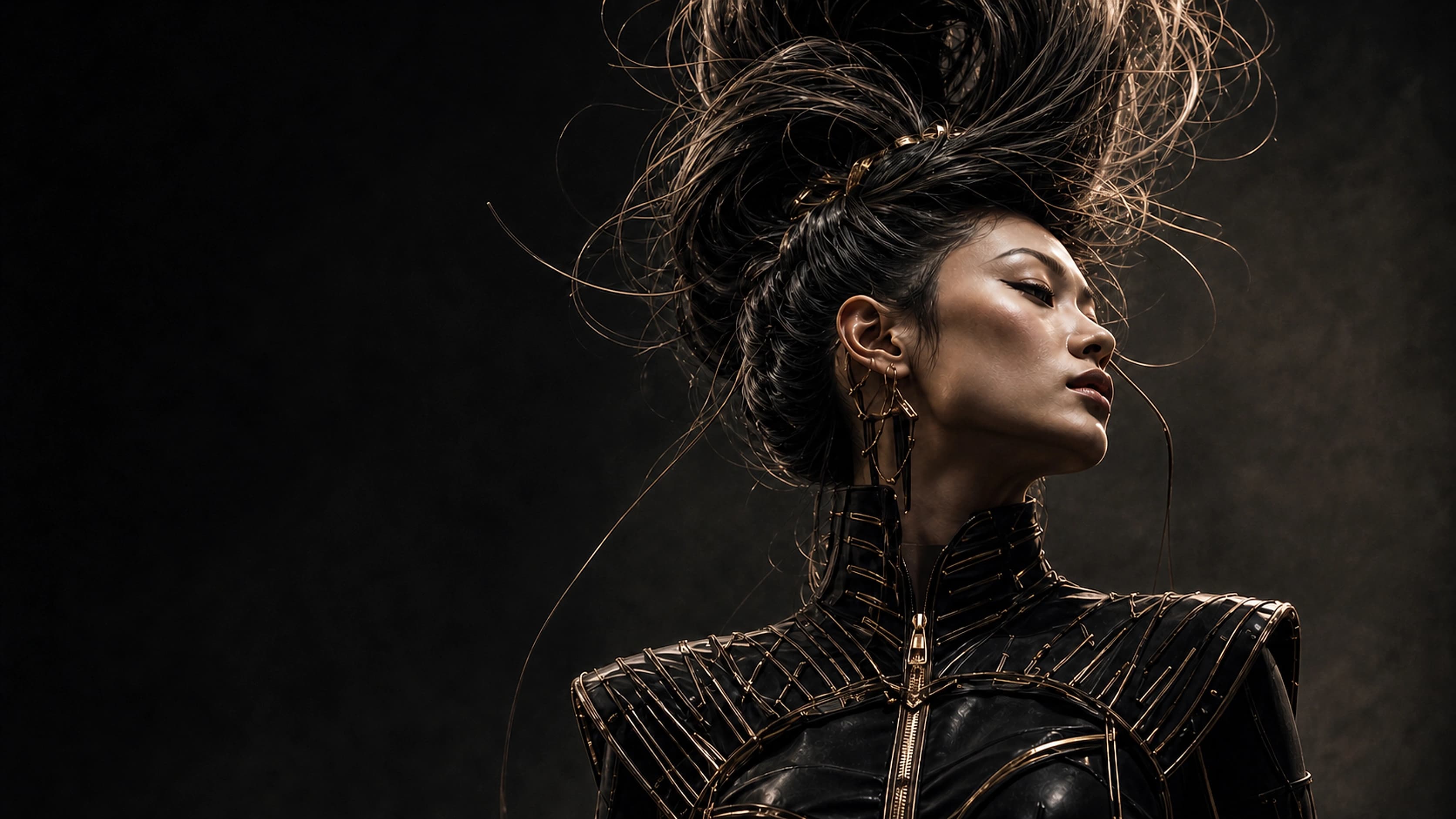 Detailed sculptural hairstyle with visible individual strands